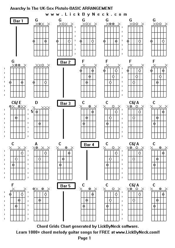 Chord Grids Chart of chord melody fingerstyle guitar song-Anarchy In The UK-Sex Pistols-BASIC ARRANGEMENT,generated by LickByNeck software.